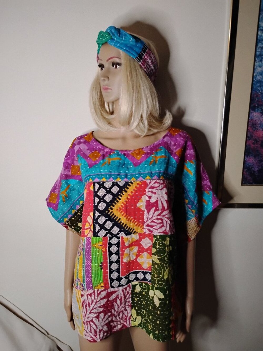 Kantha Patchwork Breeze Top 2X & Under Short Sleeves Reversible 4 Ways New KB4